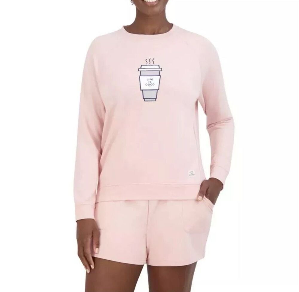 Life Is Good Sleep Coffee Cup Lounge Set Pink Sweatshirt Shorts XL NEW
